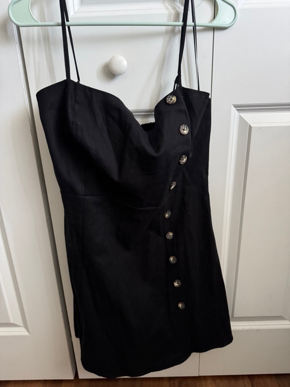 Copper Key Black Spaghetti-Strap Button-Front Mini Dress